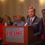 Tazewell County Clerk John Ackerman speaks at a news conference in Peoria. Ackerman traveled to Washington, D.C., with three other clerks in September 2025 to meet with federal lawmakers to advocate against the USPS changes. (Capitol News Illinois photo by Jenna Schweikert)