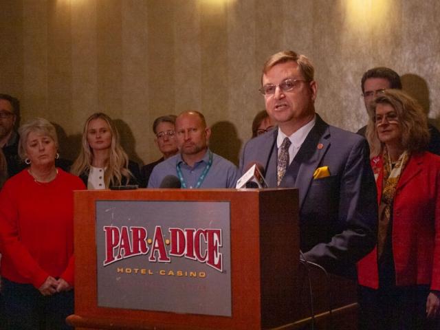 Tazewell County Clerk John Ackerman speaks at a news conference in Peoria. Ackerman traveled to Washington, D.C., with three other clerks in September 2025 to meet with federal lawmakers to advocate against the USPS changes. (Capitol News Illinois photo by Jenna Schweikert)
