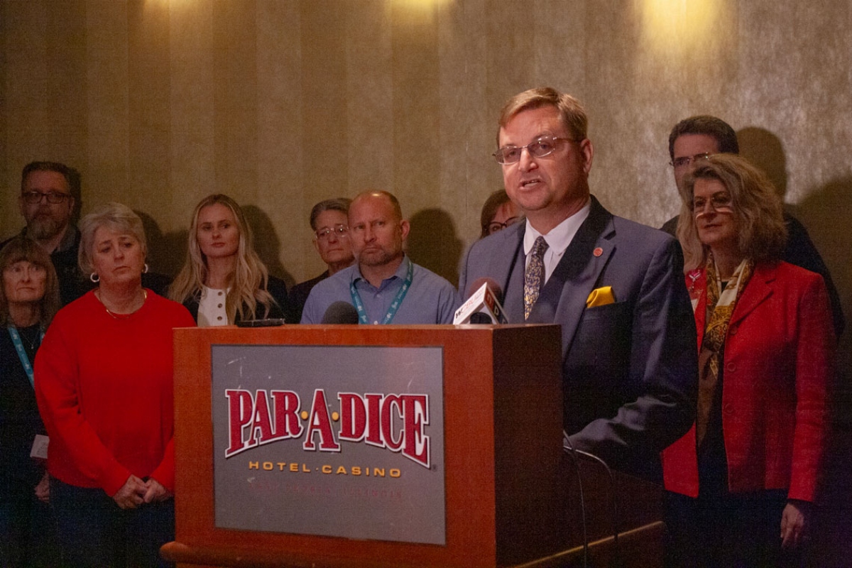 Tazewell County Clerk John Ackerman speaks at a news conference in Peoria. Ackerman traveled to Washington, D.C., with three other clerks in September 2025 to meet with federal lawmakers to advocate against the USPS changes. (Capitol News Illinois photo by Jenna Schweikert)