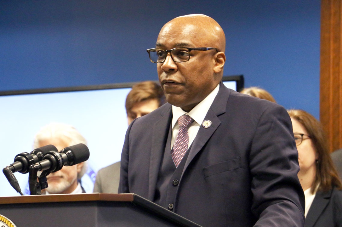 Illinois Attorney General Kwame Raoul speaks about his office’s actions against the Trump administration during a Jan. 20, 2026, news conference marking the one-year anniversary of President Donald Trump’s second inauguration. (Capitol News Illinois photo by Maggie Dougherty)