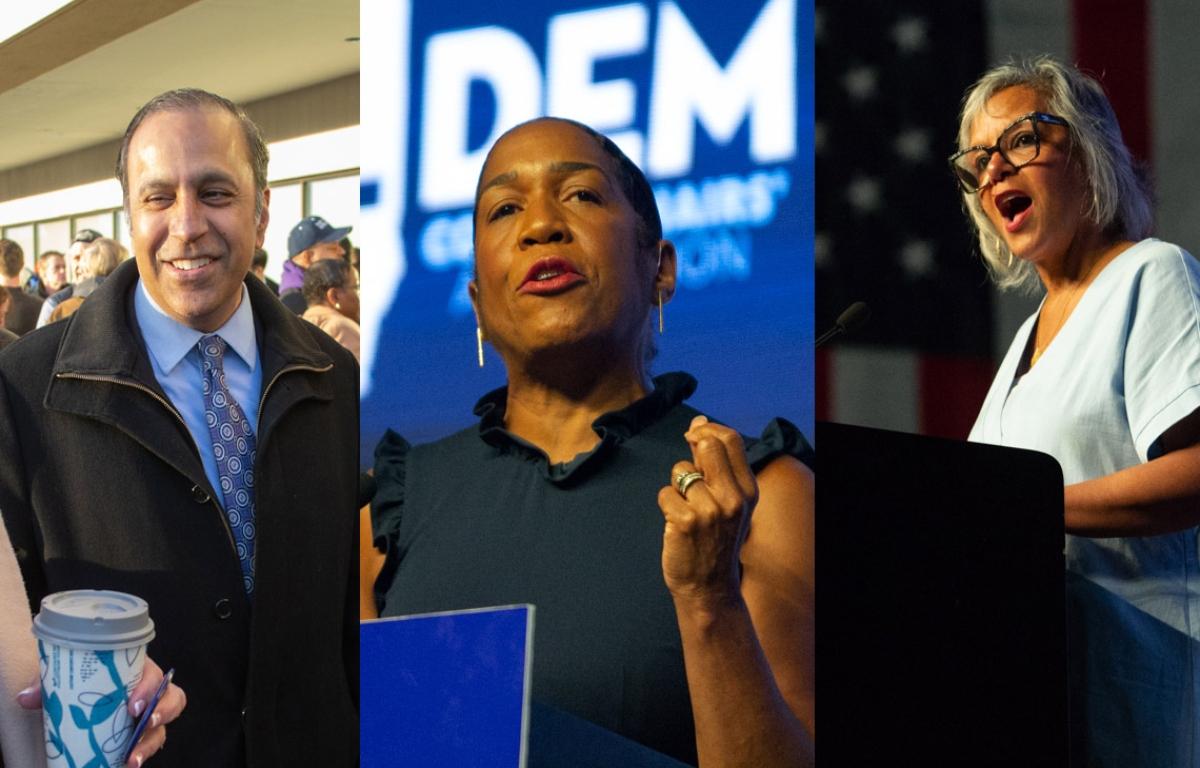 U.S. Rep. Raja Krishnamoorthi, Lt. Gov. Juliana Stratton and U.S. Rep. Robin Kelly.