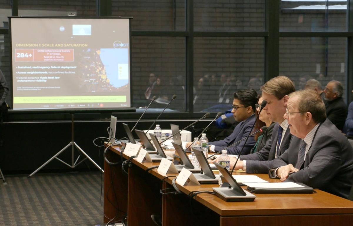 University of Chicago Political Science Professor Robert Pape presents data on immigration enforcement activity in Chicago during a Jan. 30, 2026, hearing of Illinois Accountability Commission. (Capitol News Illinois photo by Maggie Dougherty)
