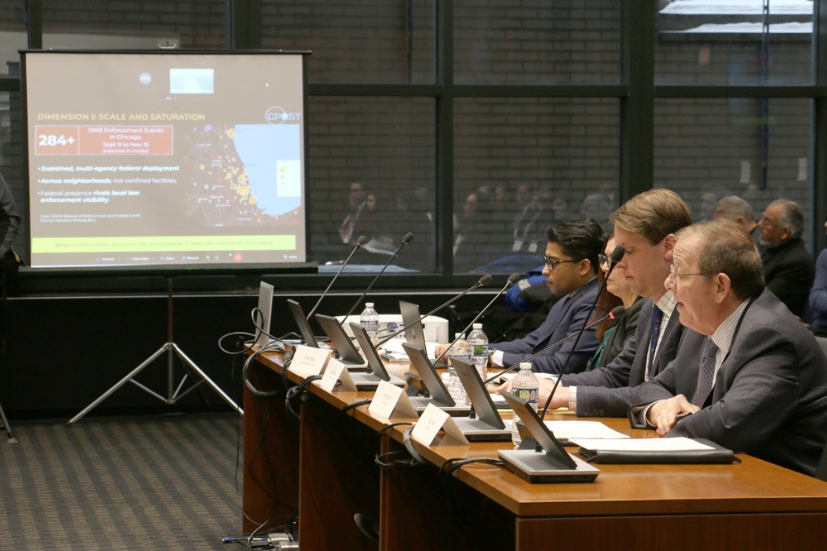 University of Chicago Political Science Professor Robert Pape presents data on immigration enforcement activity in Chicago during a Jan. 30, 2026, hearing of Illinois Accountability Commission. (Capitol News Illinois photo by Maggie Dougherty)