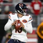 Chicago Bears quarterback Caleb Williams (18) drops back to pass against the San Francisco 49ers during the first half of an NFL football game in Santa Clara, Calif., Sunday, Dec. 28, 2025. (AP Photo/Eakin Howard)