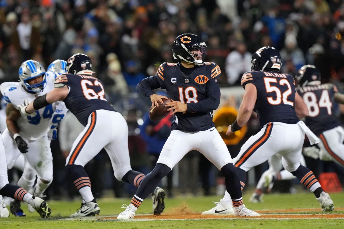 Chicago Bears quarterback Caleb Williams (18) throws a pass during the second half of an NFL football game against the Detroit Lions, Sunday, Jan. 4, 2026, in Chicago. (AP Photo/Nam Y. Huh)