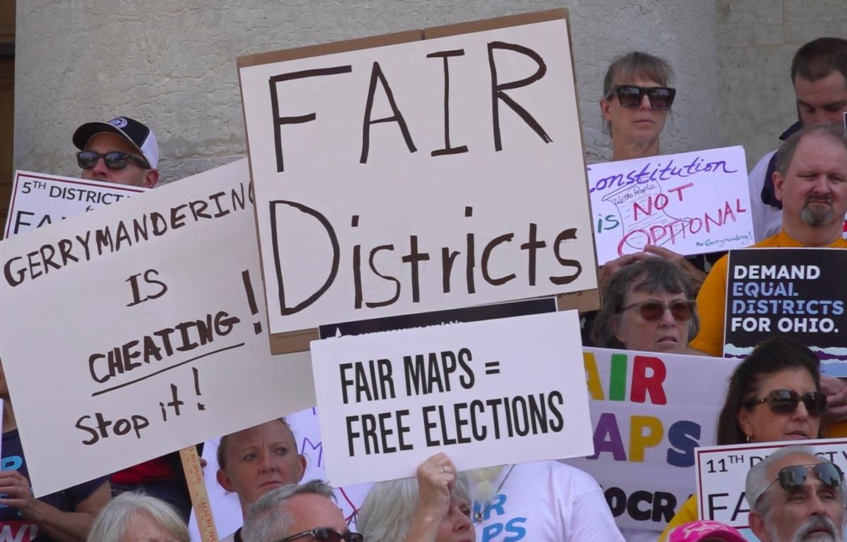 FILE - This photo taken from video shows organizers rallying outside of the Ohio Statehouse to protest gerrymandering and advocate for lawmakers to draw fair maps in Columbus, Ohio, Sept. 17, 2025. (AP Photo/Patrick Aftoora-Orsagos, File) Screenshot