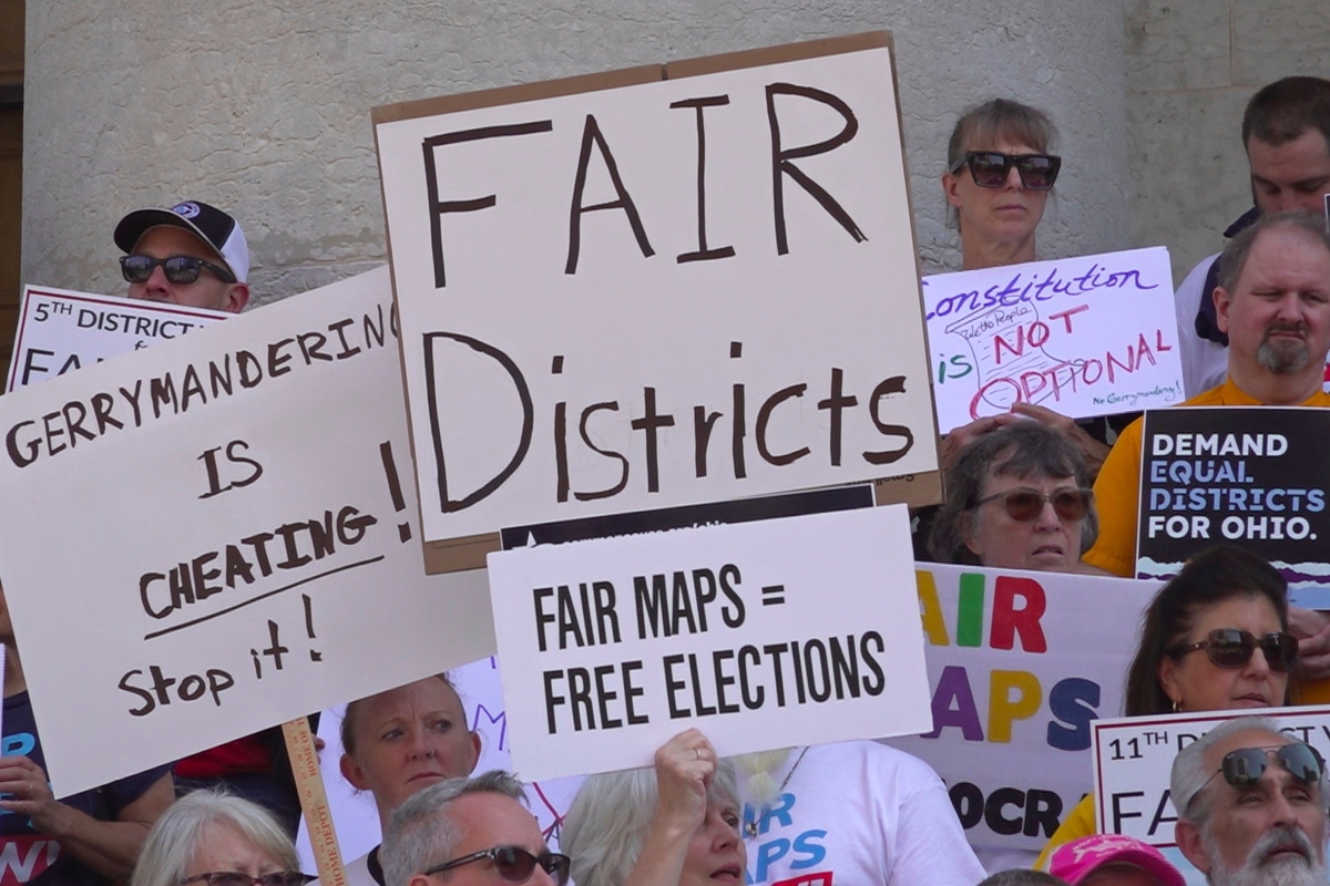 FILE - This photo taken from video shows organizers rallying outside of the Ohio Statehouse to protest gerrymandering and advocate for lawmakers to draw fair maps in Columbus, Ohio, Sept. 17, 2025. (AP Photo/Patrick Aftoora-Orsagos, File) Screenshot