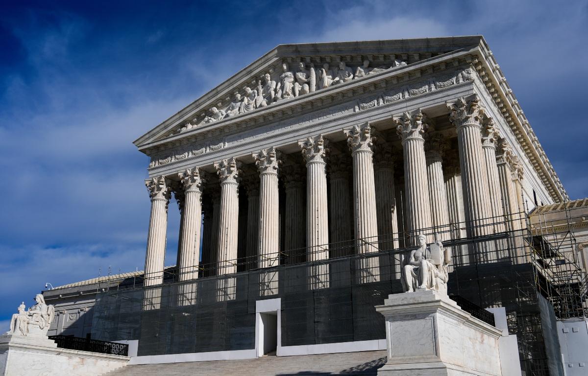 The Supreme Court is seen during oral arguments over state laws barring transgender girls and women from playing on school athletic teams, Tuesday, Jan. 13, 2026, in Washington. (AP Photo/Julia Demaree Nikhinson)