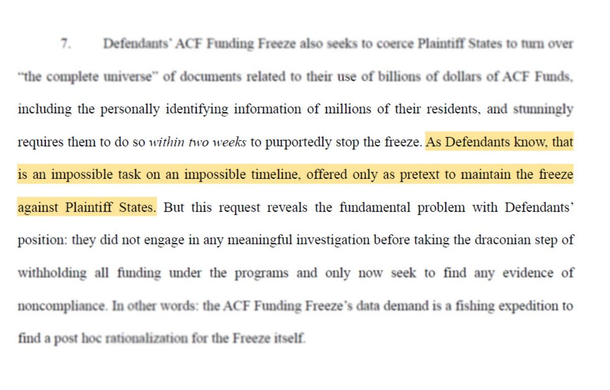 : An excerpt of the lawsuit filed by five states against the federal government for its plan to freeze $10 billion in funding that helps to ensure access to child care. (Illustration by Capitol News Illinois, highlight added)
