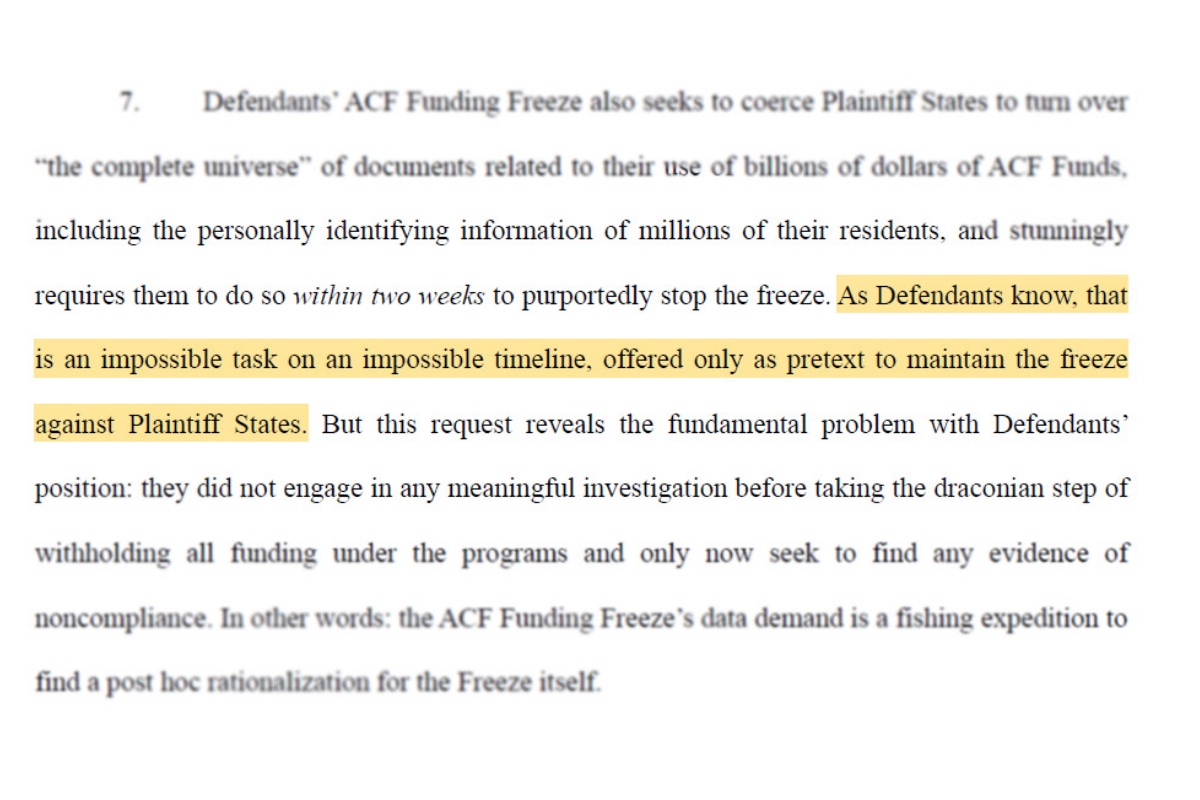 : An excerpt of the lawsuit filed by five states against the federal government for its plan to freeze $10 billion in funding that helps to ensure access to child care. (Illustration by Capitol News Illinois, highlight added)