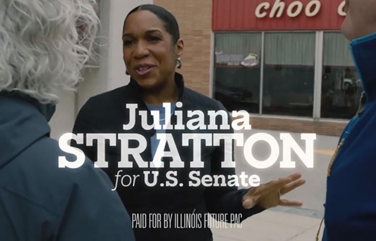 A political action committee supporting Lt. Gov. Juliana Stratton’s Senate campaign launched its first ad this week, though a lapse in federal disclosure requirements briefly grounded the effort. (Screenshot from Illinois Future PAC YouTube video)
