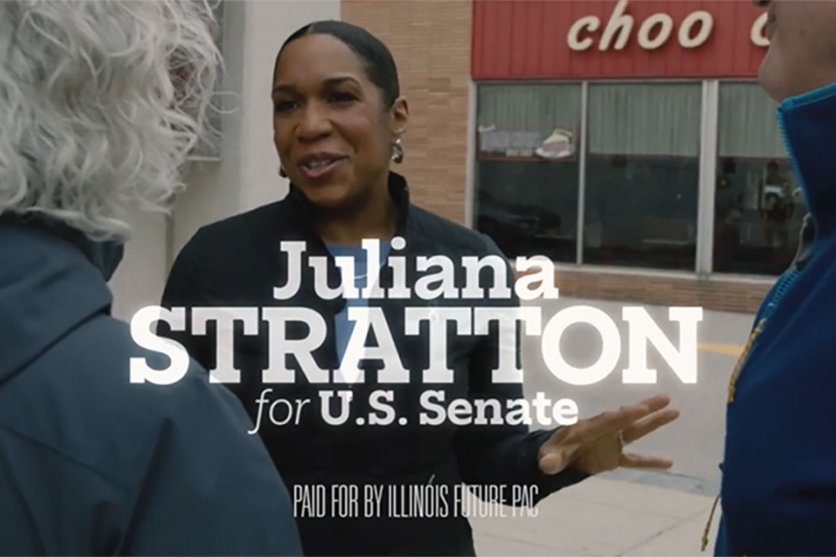 A political action committee supporting Lt. Gov. Juliana Stratton’s Senate campaign launched its first ad this week, though a lapse in federal disclosure requirements briefly grounded the effort. (Screenshot from Illinois Future PAC YouTube video)