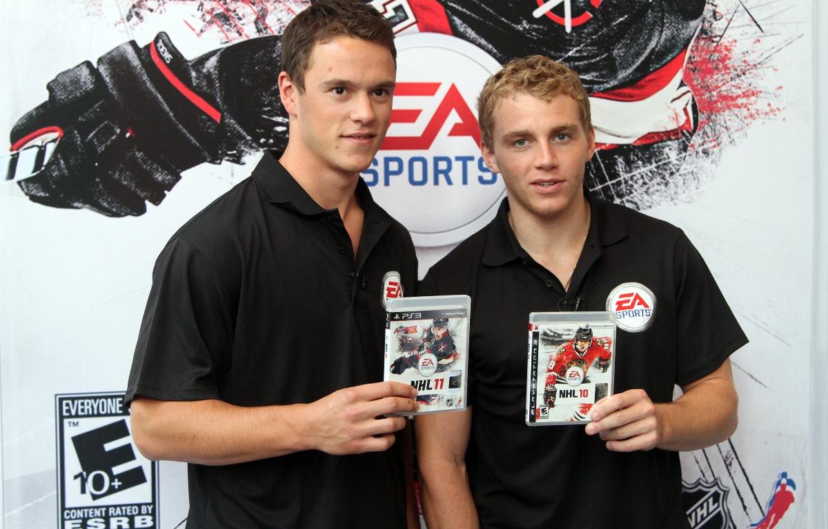 Jonathan Toews (L) and Patrick Kane (R) of the Chicago Blackhawks, attend the launch event for EA Sports' NHL 11 at the Reebok store on September 8, 2010 in New York City.