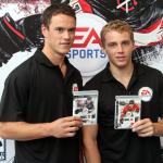 Jonathan Toews (L) and Patrick Kane (R) of the Chicago Blackhawks, attend the launch event for EA Sports' NHL 11 at the Reebok store on September 8, 2010 in New York City.