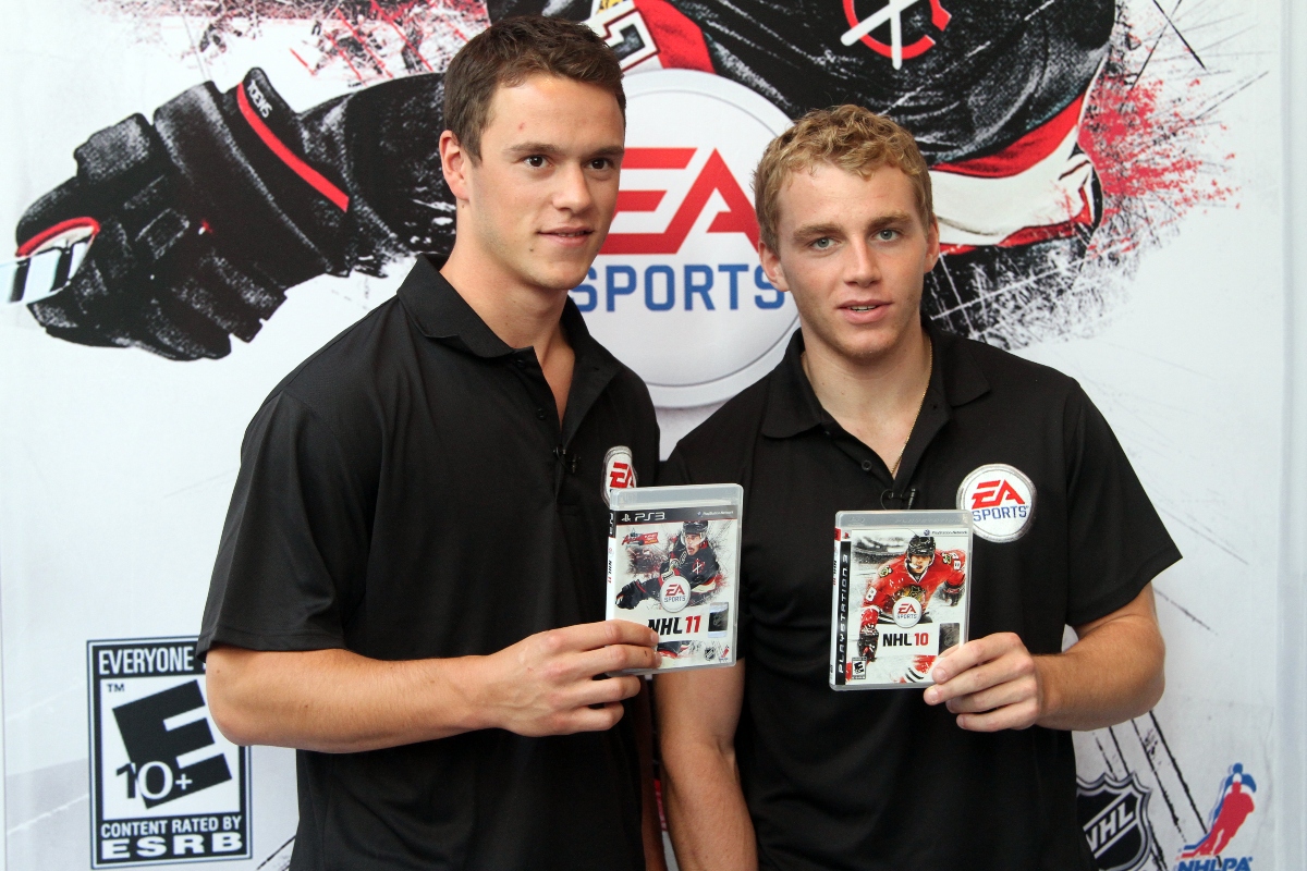 Jonathan Toews (L) and Patrick Kane (R) of the Chicago Blackhawks, attend the launch event for EA Sports' NHL 11 at the Reebok store on September 8, 2010 in New York City.