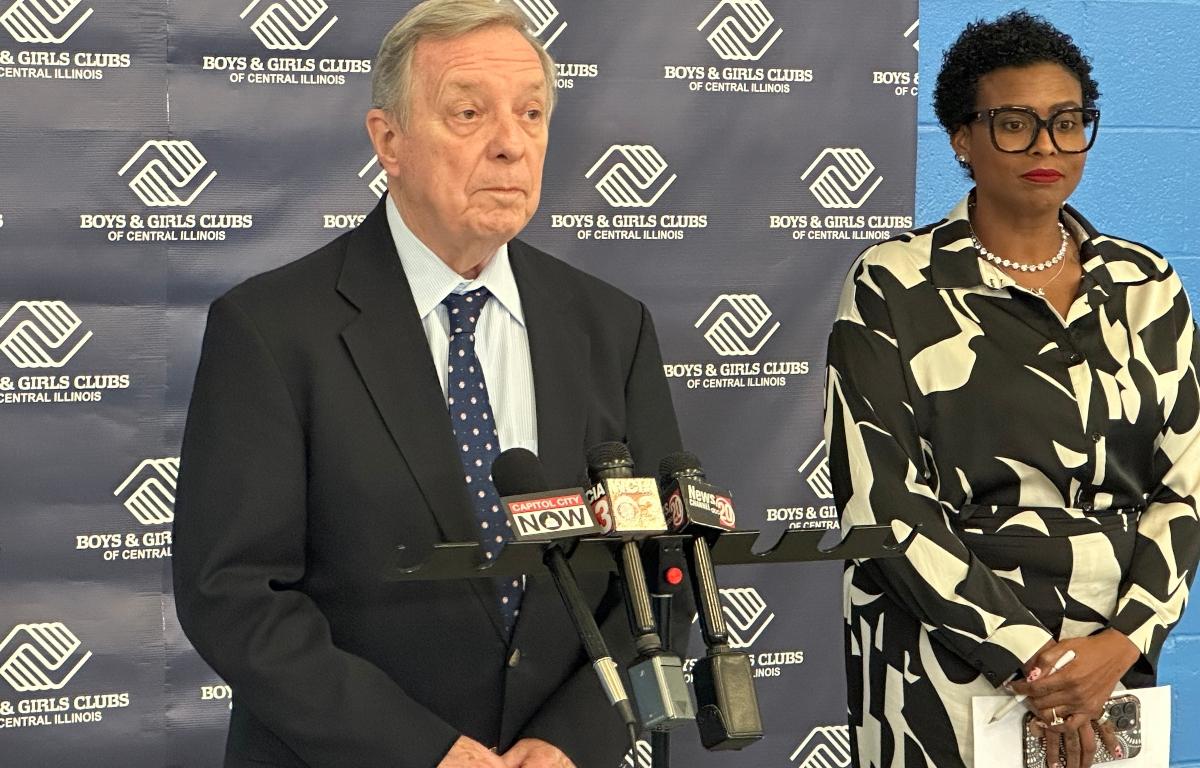 Sen. Dick Durbin speaks Tuesday, Feb. 17, at the Boys and Girls Clubs of Central Illinois, along with CEO Tiffany Mathis Posey.