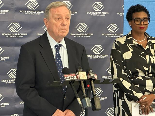 Sen. Dick Durbin speaks Tuesday, Feb. 17, at the Boys and Girls Clubs of Central Illinois, along with CEO Tiffany Mathis Posey.
