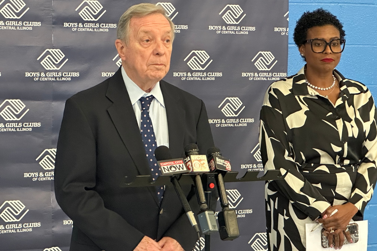Sen. Dick Durbin speaks Tuesday, Feb. 17, at the Boys and Girls Clubs of Central Illinois, along with CEO Tiffany Mathis Posey.