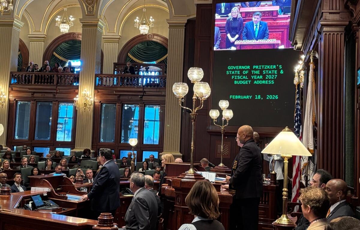 Governor JB Pritzker gives his budget address to the Illinois General Assembly Feb. 18, 2026, in the Illinois House Chamber.