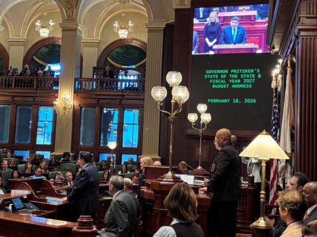 Governor JB Pritzker gives his budget address to the Illinois General Assembly Feb. 18, 2026, in the Illinois House Chamber.