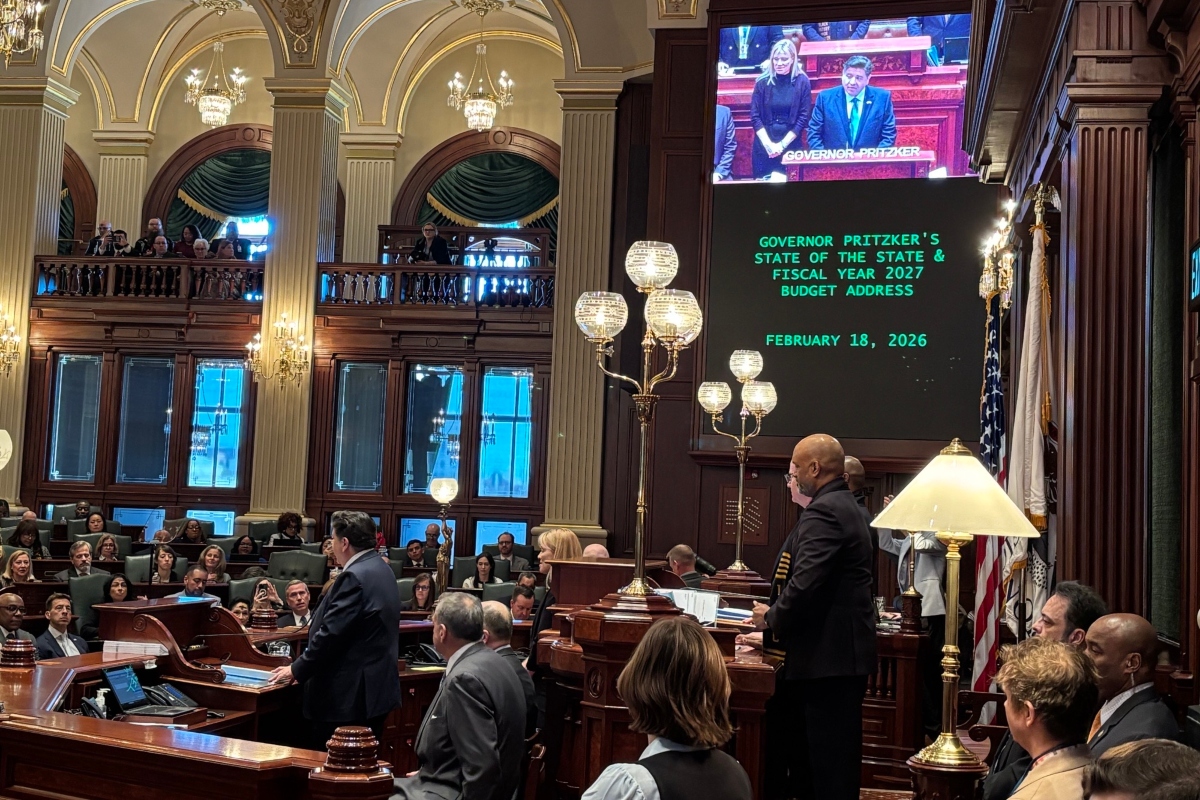 Governor JB Pritzker gives his budget address to the Illinois General Assembly Feb. 18, 2026, in the Illinois House Chamber.