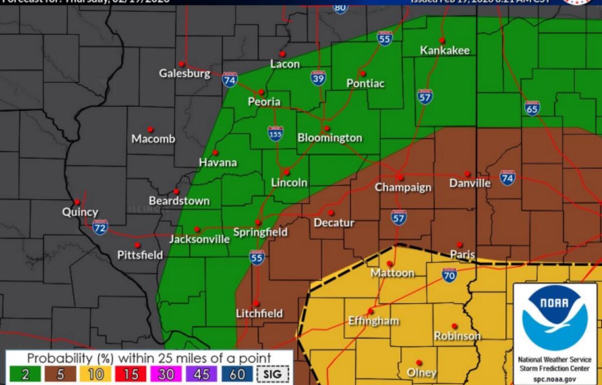 The National Weather Service says the greatest threats for tornadoes Thursday afternoon is in the yellow-shaded area.