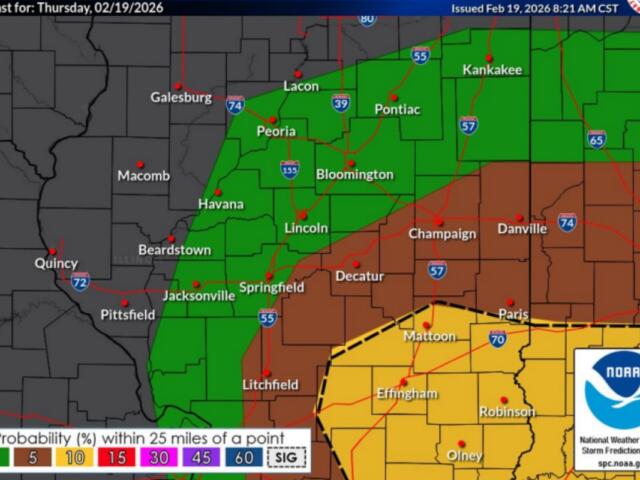 The National Weather Service says the greatest threats for tornadoes Thursday afternoon is in the yellow-shaded area.