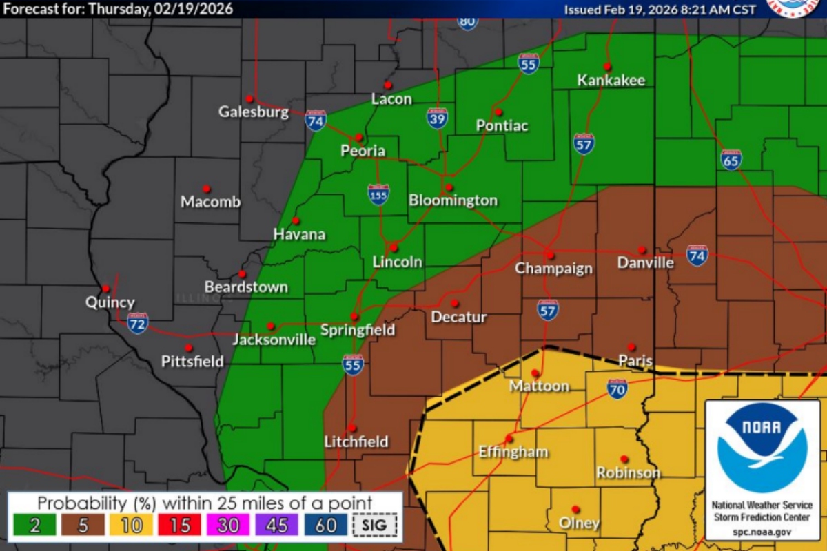 The National Weather Service says the greatest threats for tornadoes Thursday afternoon is in the yellow-shaded area.
