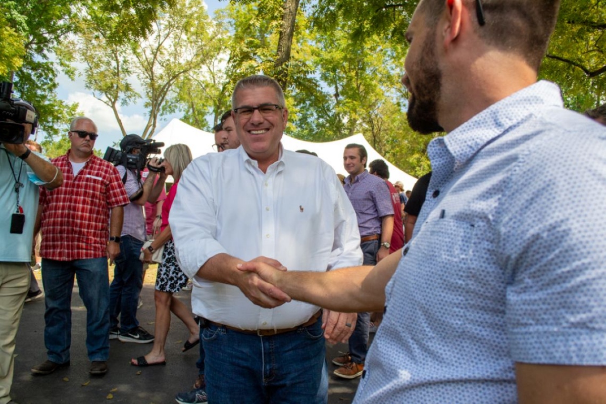 Former Republican nominee for governor Darren Bailey greets supporters at Republican Day at the Illinois State Fair in Springfield on Aug. 18, 2022. (Capitol News Illinois photo by Jerry Nowicki)