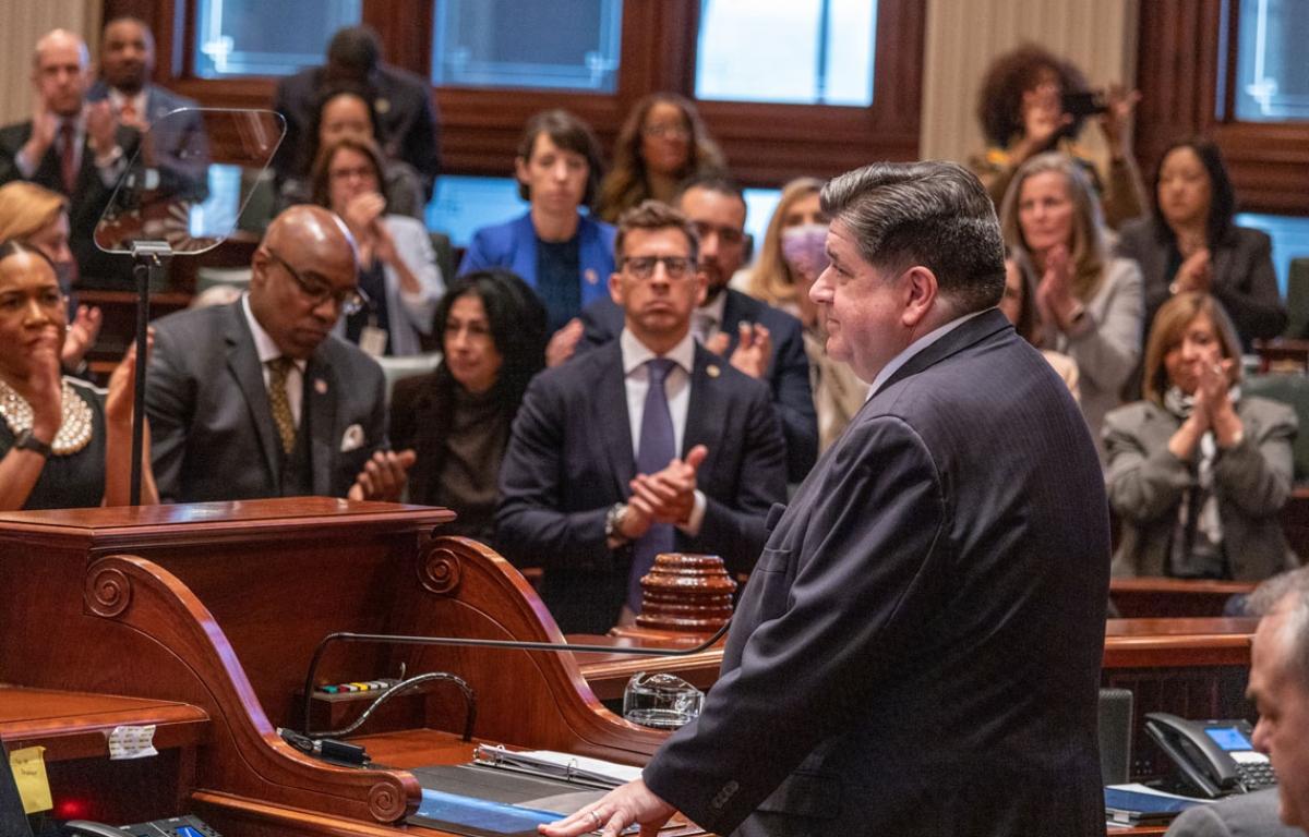 Gov. JB Pritzker delivers his State of the State and budget address before the General Assembly at the Illinois State Capitol, Wednesday, Feb. 19. 2026. (Capitol News Illinois file photo by Andrew Adams)