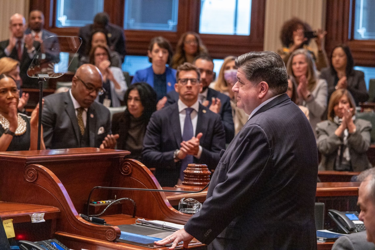 Gov. JB Pritzker delivers his State of the State and budget address before the General Assembly at the Illinois State Capitol, Wednesday, Feb. 19. 2026. (Capitol News Illinois file photo by Andrew Adams)