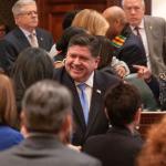 Gov. JB Pritzker enters the House chamber for his 2025 budget address. (Capitol News Illinois file photo by Andrew Adams)