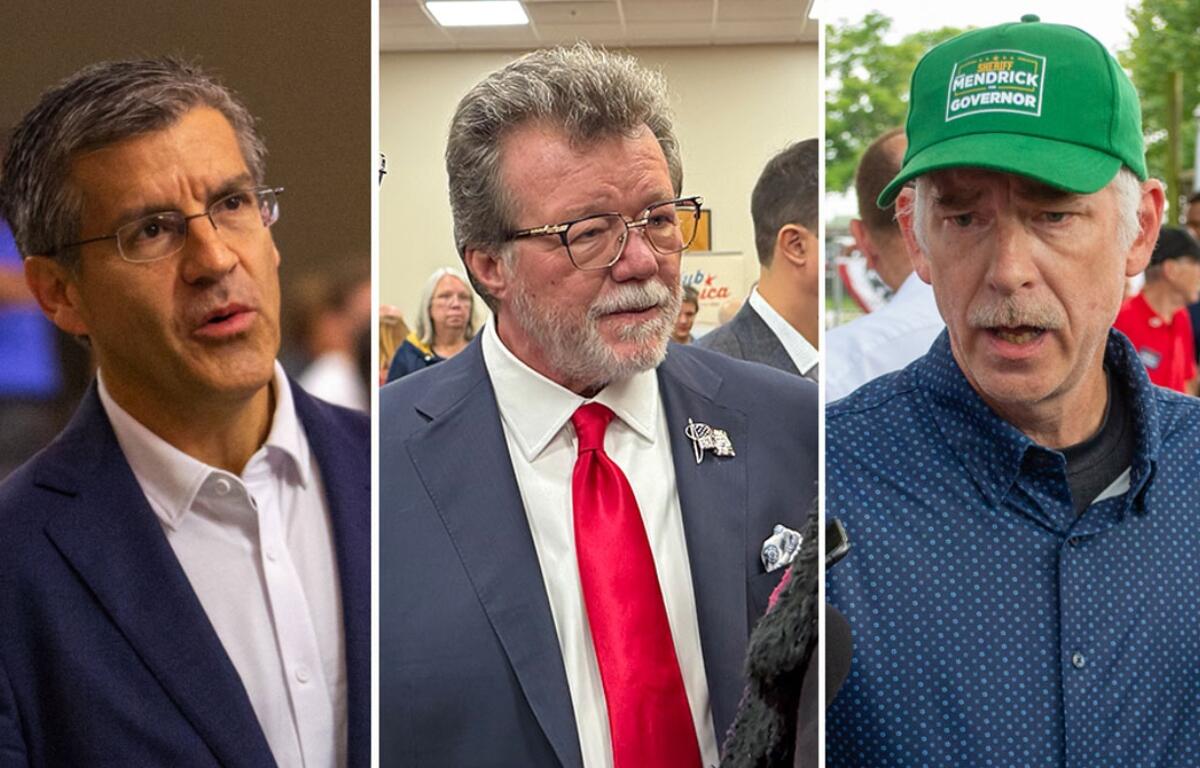 Ted Dabrowski, Rick Heidner and James Mendrick, GOP candidates for governors, took part in a debate Tuesday. Candidate Darren Bailey, not pictured, did not attend. (Photos by Capitol News Illinois)