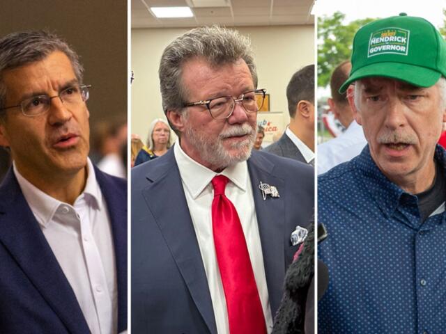 Ted Dabrowski, Rick Heidner and James Mendrick, GOP candidates for governors, took part in a debate Tuesday. Candidate Darren Bailey, not pictured, did not attend. (Photos by Capitol News Illinois)