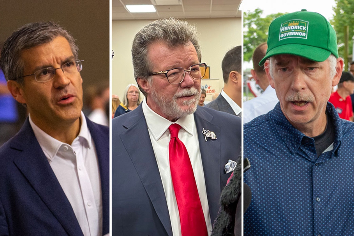 Ted Dabrowski, Rick Heidner and James Mendrick, GOP candidates for governors, took part in a debate Tuesday. Candidate Darren Bailey, not pictured, did not attend. (Photos by Capitol News Illinois)