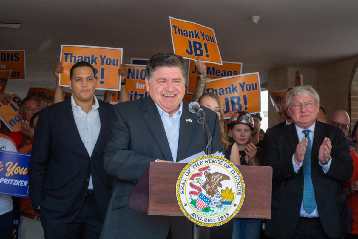 Gov. JB Pritzker speaks at an event at the Illinois AFL-CIO in Springfield on Aug. 14, 2025. (Capitol News Illinois photo by Jerry Nowicki)
