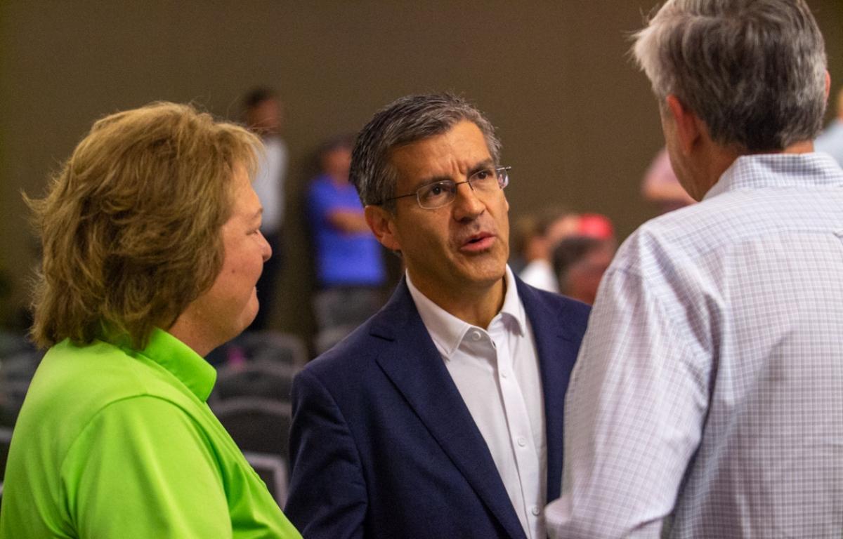 Ted Dabrowski talks to fellow Republicans at a State Central Committee meeting in Springfield on Aug. 14, 2025. (Capitol News Illinois photo by Jerry Nowicki)