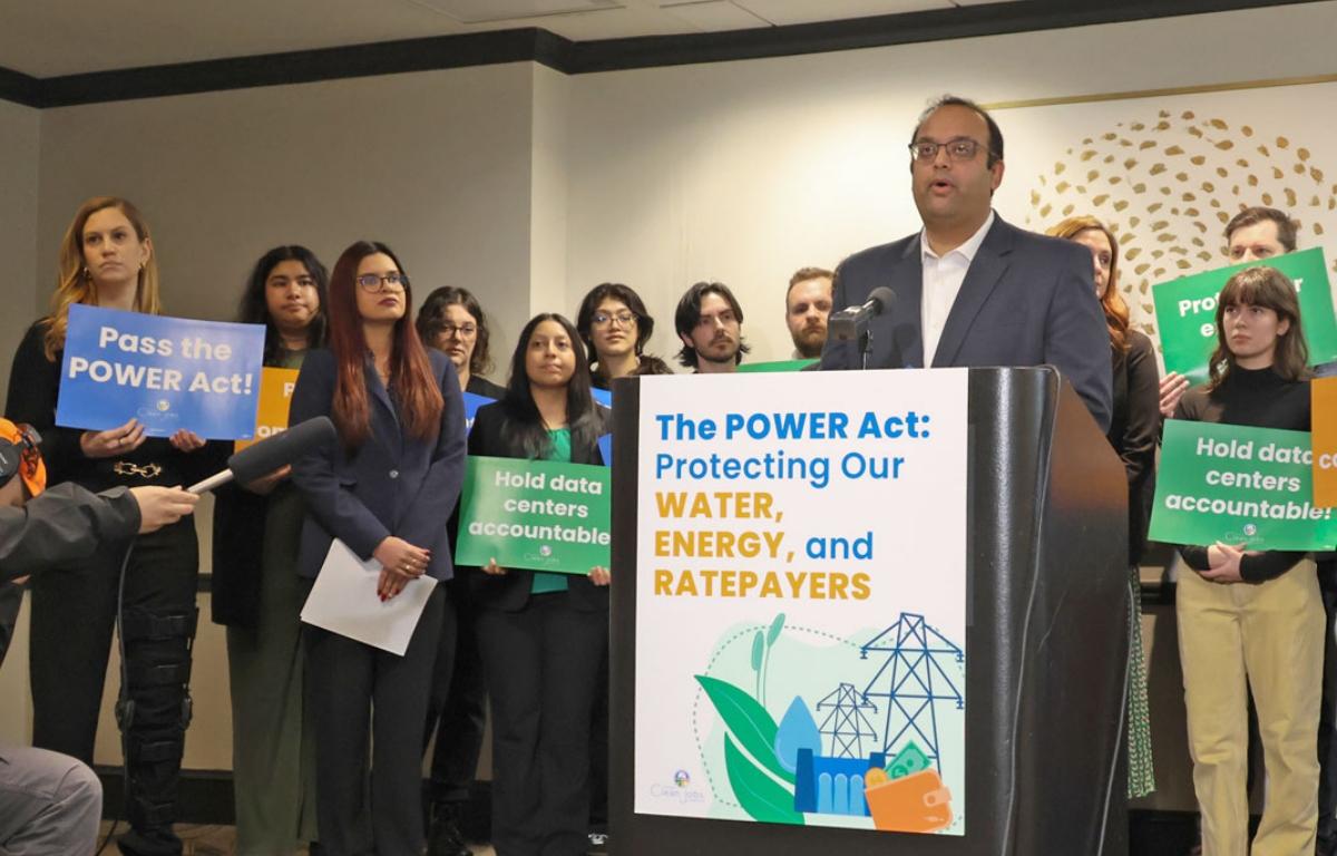 Sen. Ram Villivalam, D-Chicago, joins advocates on Feb. 11, 2026, in Chicago to introduce a bill regulating data centers in Illinois. (Medill Illinois News Bureau photo by Gabriel Castilho)