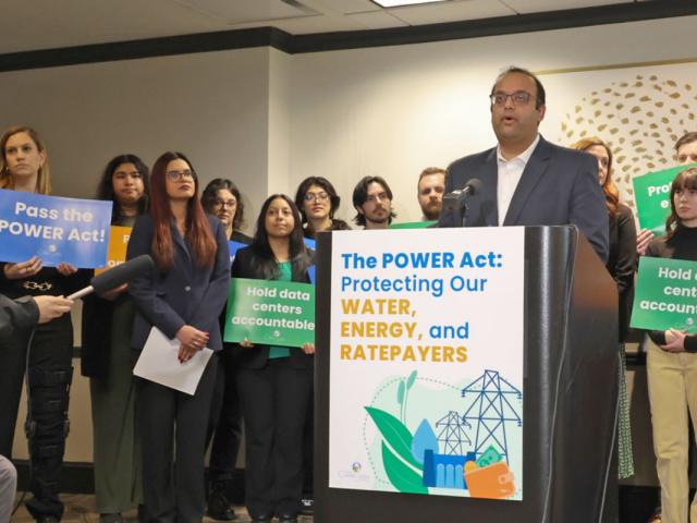 Sen. Ram Villivalam, D-Chicago, joins advocates on Feb. 11, 2026, in Chicago to introduce a bill regulating data centers in Illinois. (Medill Illinois News Bureau photo by Gabriel Castilho)