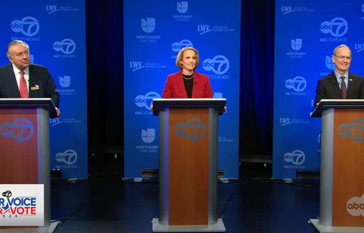 Republican candidates for U.S. Senate participate in a debate hosted by hosted by ABC-7 Chicago in partnership with Univision and the League of Women Voters on Feb. 11, 2026. (Screenshot of ABC-7’s debate feed)