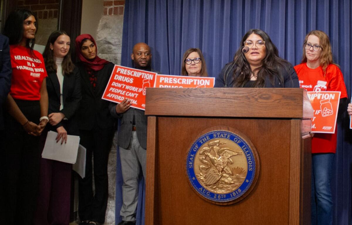 Sen. Graciela Guzmán speaks at a news conference on Feb. 17. Guzman is working on legislation to establish a prescription drug affordability board with Rep. Nabeela Syed. (Capitol News Illinois photo by Jenna Schweikert)