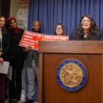 Sen. Graciela Guzmán speaks at a news conference on Feb. 17. Guzman is working on legislation to establish a prescription drug affordability board with Rep. Nabeela Syed. (Capitol News Illinois photo by Jenna Schweikert)