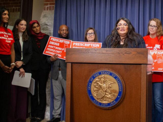 Sen. Graciela Guzmán speaks at a news conference on Feb. 17. Guzman is working on legislation to establish a prescription drug affordability board with Rep. Nabeela Syed. (Capitol News Illinois photo by Jenna Schweikert)