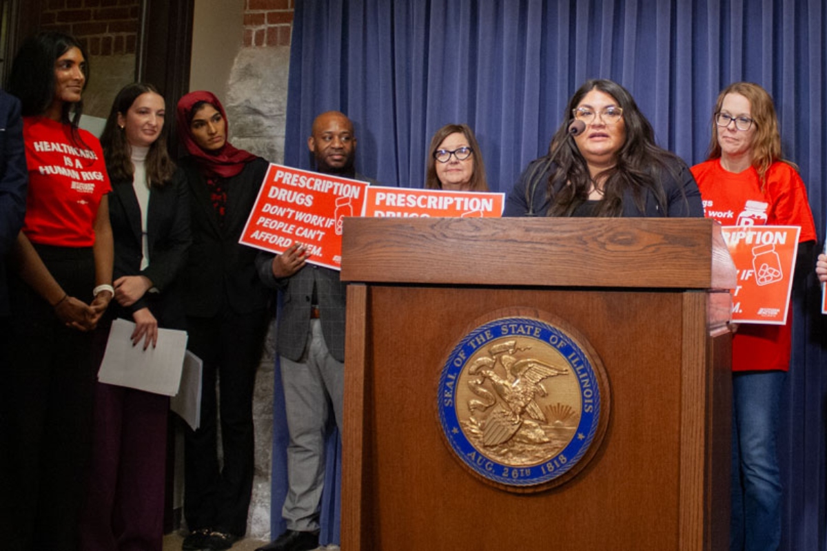 Sen. Graciela Guzmán speaks at a news conference on Feb. 17. Guzman is working on legislation to establish a prescription drug affordability board with Rep. Nabeela Syed. (Capitol News Illinois photo by Jenna Schweikert)