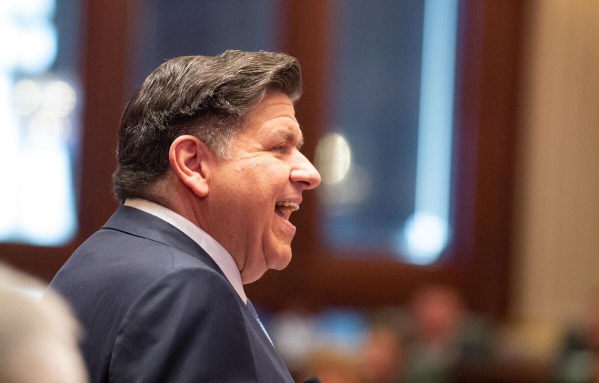 Gov. JB Pritzker delivers his budget address on Wednesday, Feb. 18, 2026. The speech was heavy with historical references to former Illinois governors and criticisms of the Trump administration. (Capitol News Illinois photo by Jerry Nowicki)