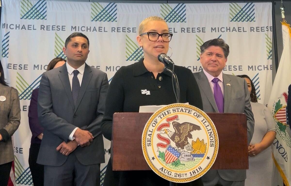 Megan Jeyifo, executive director of Chicago Abortion Fund, speaks at a news conference announcing the Prairie State Access Fund in January. (Submitted photo taken by Alicia Hurtado, Chicago Abortion Fund)