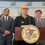 Megan Jeyifo, executive director of Chicago Abortion Fund, speaks at a news conference announcing the Prairie State Access Fund in January. (Submitted photo taken by Alicia Hurtado, Chicago Abortion Fund)