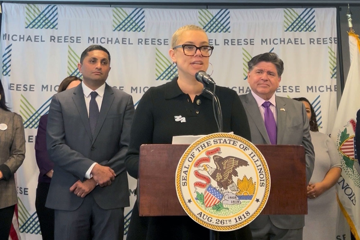 Megan Jeyifo, executive director of Chicago Abortion Fund, speaks at a news conference announcing the Prairie State Access Fund in January. (Submitted photo taken by Alicia Hurtado, Chicago Abortion Fund)