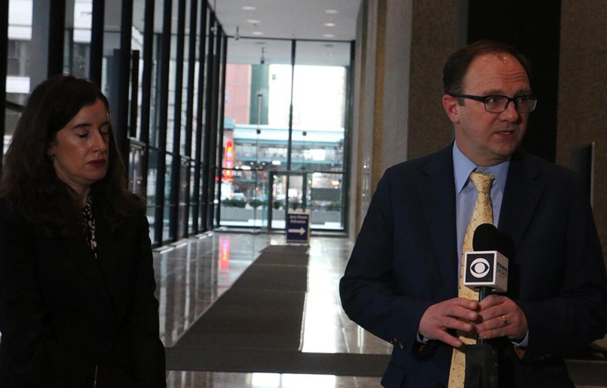 Attorneys Michelle García of the ACLU of Illinois and Mark Fleming of the National Immigrant Justice Center answer reporter questions on Feb. 27, 2026, at the Dirksen Federal Courthouse in Chicago. (Capitol News Illinois photo by Maggie Dougherty)