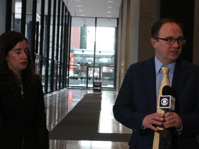 Attorneys Michelle García of the ACLU of Illinois and Mark Fleming of the National Immigrant Justice Center answer reporter questions on Feb. 27, 2026, at the Dirksen Federal Courthouse in Chicago. (Capitol News Illinois photo by Maggie Dougherty)